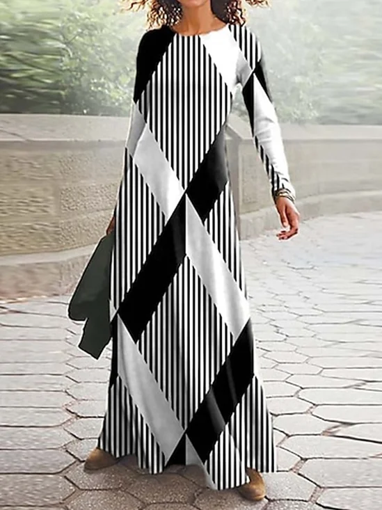 Women Striped Spring/Fall Dress Crew Neck Long Sleeve A-Line Dress