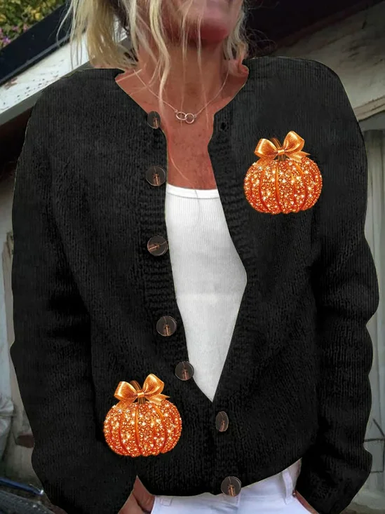 Women Knitted Pumpkin Pattern Long Sleeve Comfy Vintage Cardigan