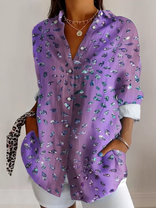 V Neck Long Sleeve Abstract Graphic Regular Micro-Elasticity Regular Fit Shirt For Women