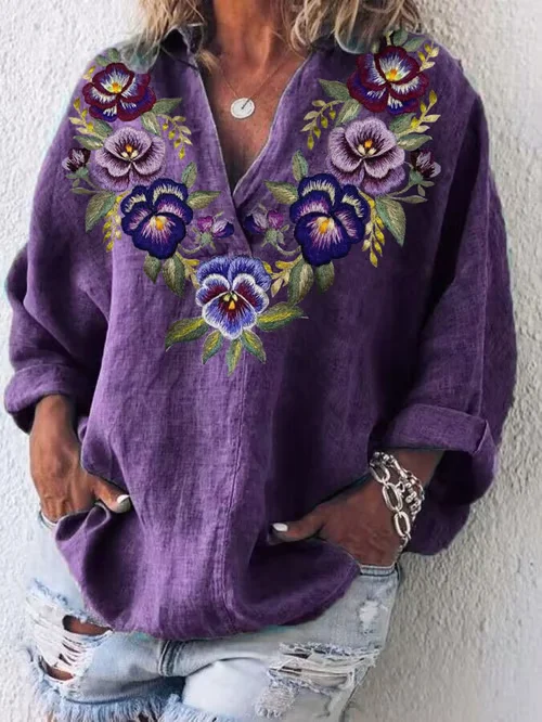 Shawl Collar Long Sleeve Floral Printing Regular Micro-Elasticity Loose Shirt For Women