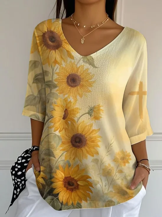 Vintage Sunflower Art Print Crew Neck 3/4 Length Sleeve T-shirt