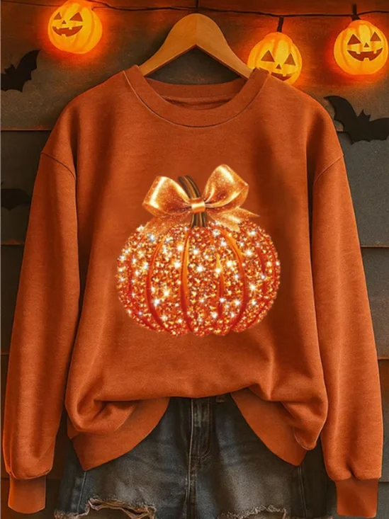 Vintage Crew Neck Halloween Pumpkin Sequin 3D Print Sweatshirt