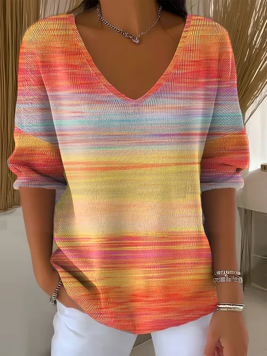 Vintage Striped V Neck Three Quarter Sleeve T-shirt
