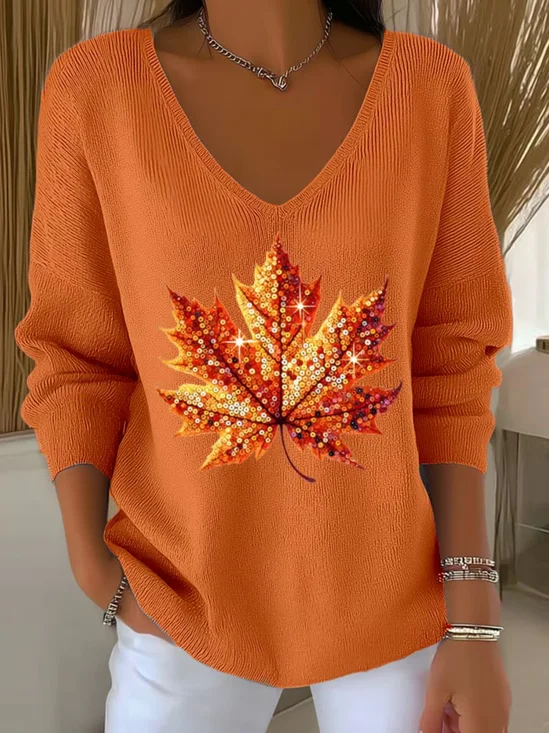 Women Cotton Maple Leaf Retro Ethnic Print Long Sleeve Comfy Sweater