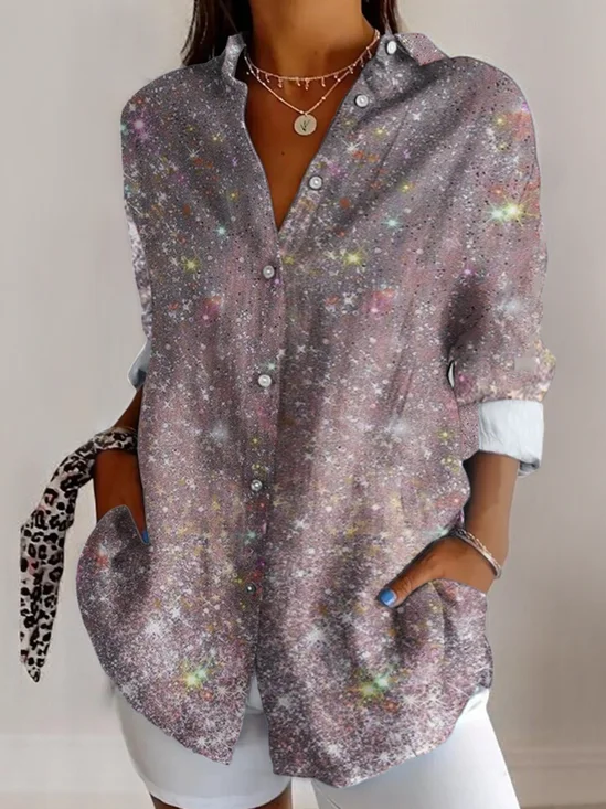 V Neck Long Sleeve Abstract Graphic Regular Micro-Elasticity Regular Fit Shirt For Women