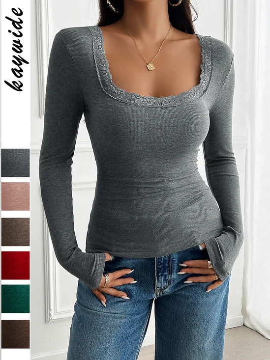 Casual Floral Square Neck Long Sleeve T-shirt