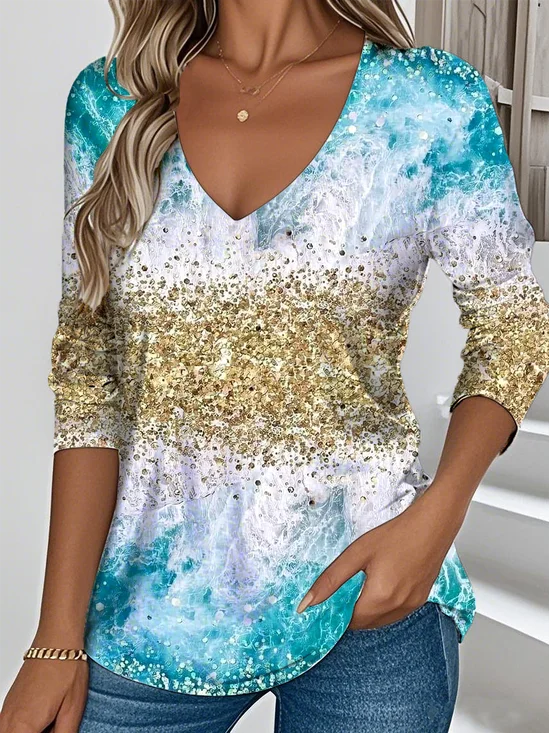 Vintage Ombre V Neck Long Sleeve T-shirt