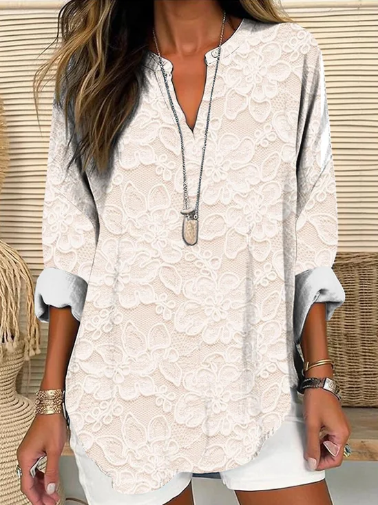 Shawl Collar Half Sleeve Floral Regular Loose Blouse For Women