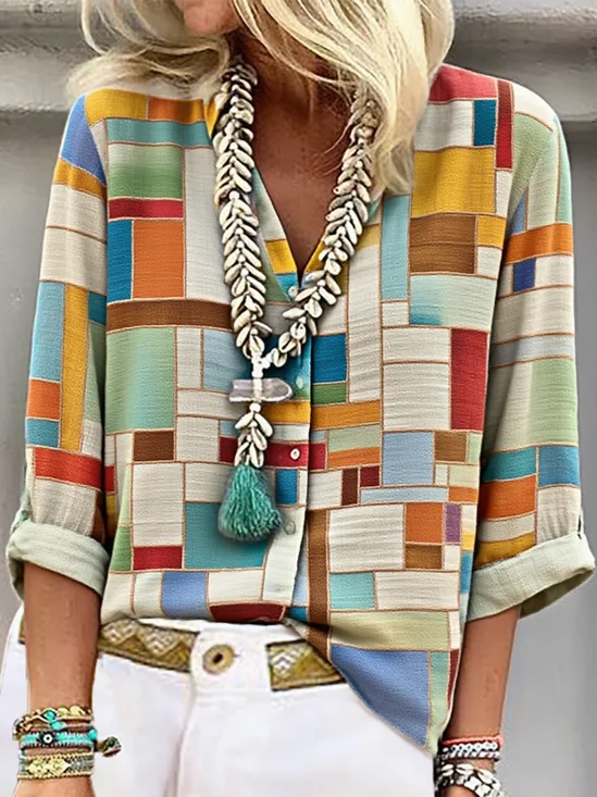 Stand Collar Long Sleeve Striped Regular Loose Shirt For Women