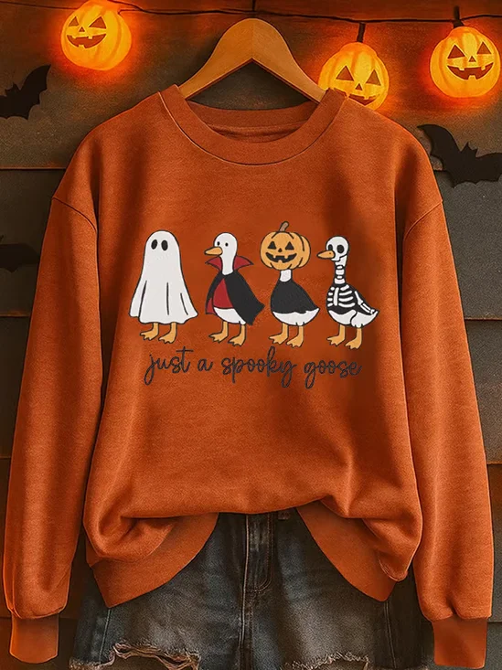 Halloween Just A Spooky Goose Print Crew Neck Comfy Sweatshirt