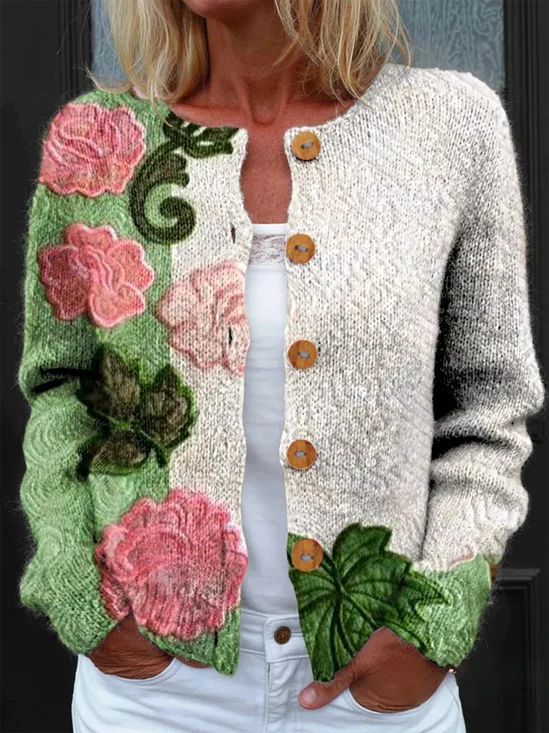 Women Knitted Floral Long Sleeve Comfy Vintage Cardigan