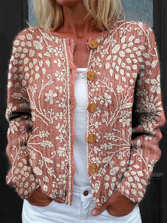 Women Knitted Floral Long Sleeve Comfy Vintage Cardigan