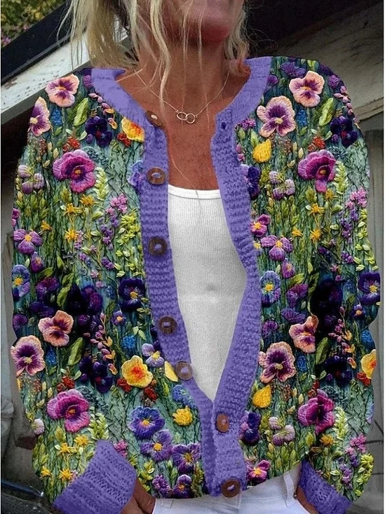 Women Wool/Knitting Floral Long Sleeve Comfy Casual Cardigan