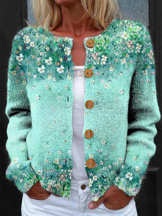 Women Knitted Floral Long Sleeve Comfy Vintage Cardigan