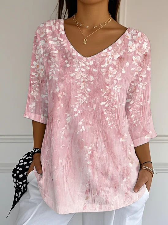Casual Floral V Neck Three Quarter Sleeve T-shirt