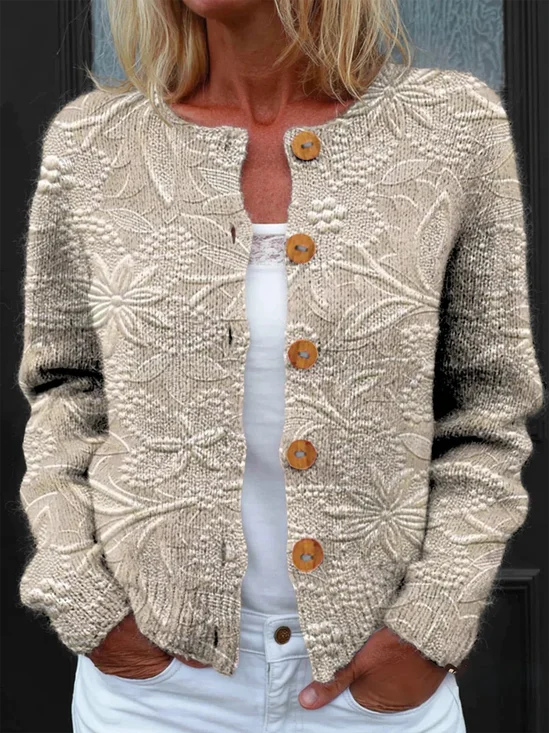 Women Knitted Floral Long Sleeve Comfy Vintage Cardigan