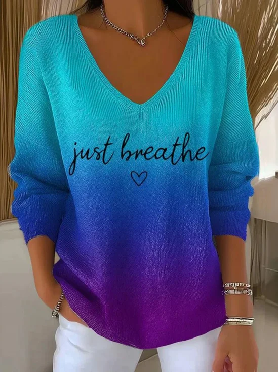 Women Just Breathe Cotton Ombre Print Long Sleeve Comfy Casual Sweater