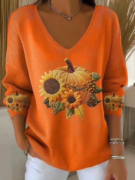 Women Cotton Sunflower And Pumpkin Long Sleeve Comfy Casual Sweater