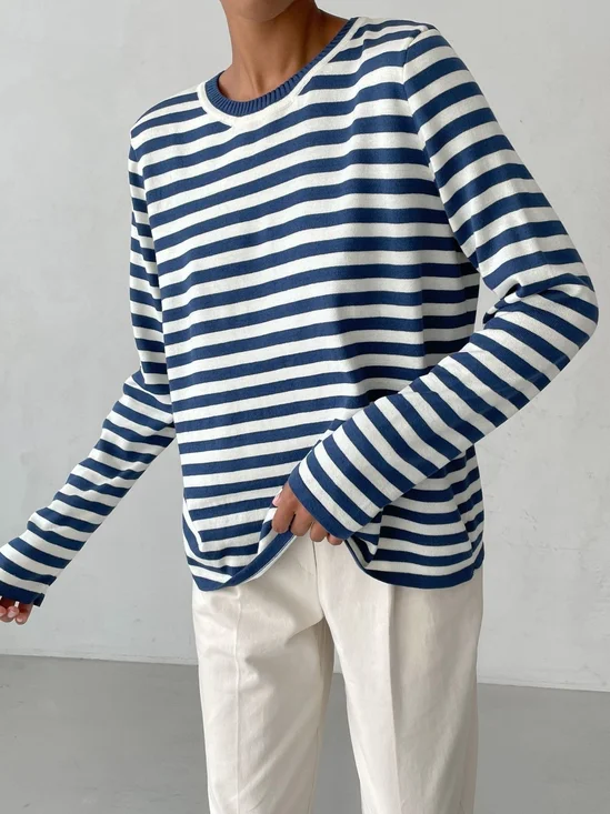 Women Striped Long Sleeve Comfy Street Split Joint Sweater