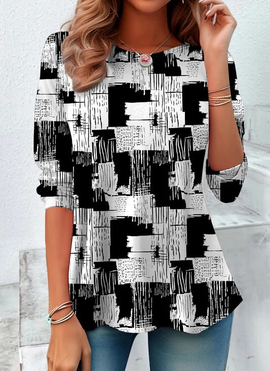 Vintage Color Block Crew Neck Long Sleeve T-shirt