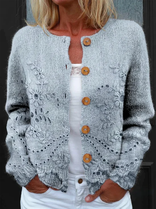 Women Knitted Floral Long Sleeve Comfy Vintage Cardigan