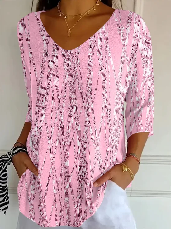 Holiday Casual 3D Sequin Print V Neck 3/4 Length Sleeve T-shirt