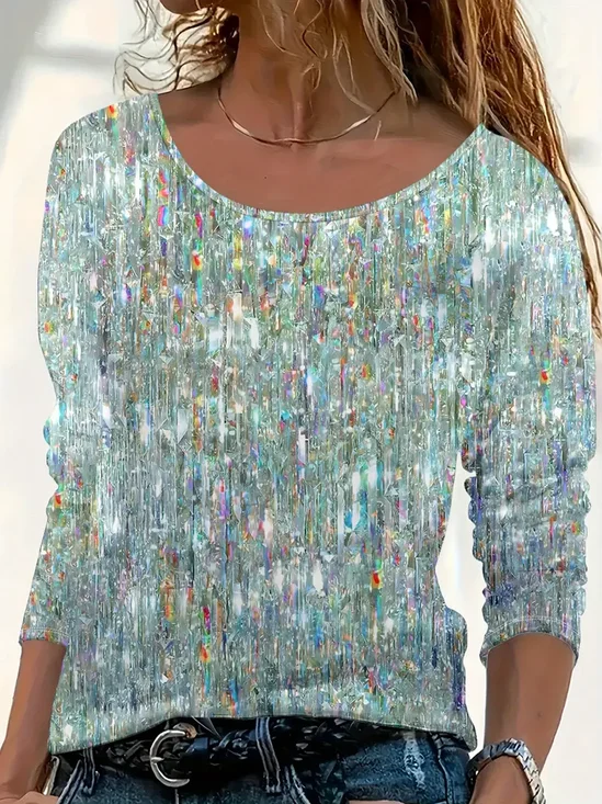 Casual Abstract 3D Sequin Print Crew Neck Long Sleeve T-shirt
