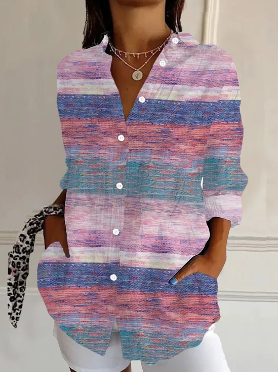 Shirt Collar Regular Sleeve Long Sleeve Abstract Stripes Buckle Regular Loose Button Up Shirt Shirt For Women