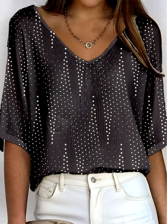Vintage Polka Dots V Neck Three Quarter Sleeve T-shirt