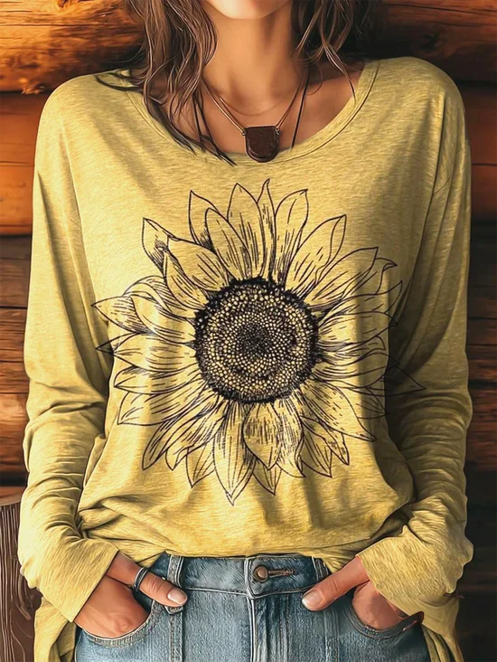 Vintage Sunflower Crew Neck Long Sleeve T-shirt