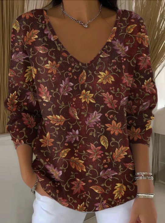 Women Cotton Plants Long Sleeve Comfy Casual Sweater