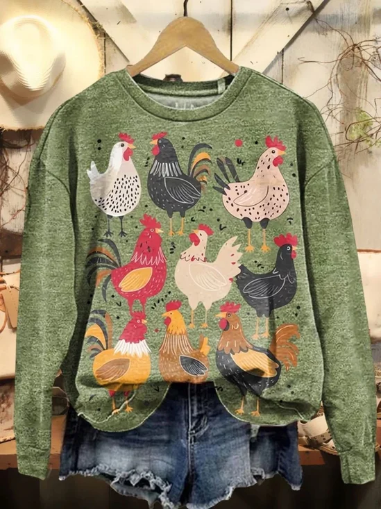 Vintage Chicken Art Print Crew Neck Loose Comfy Sweatshirt