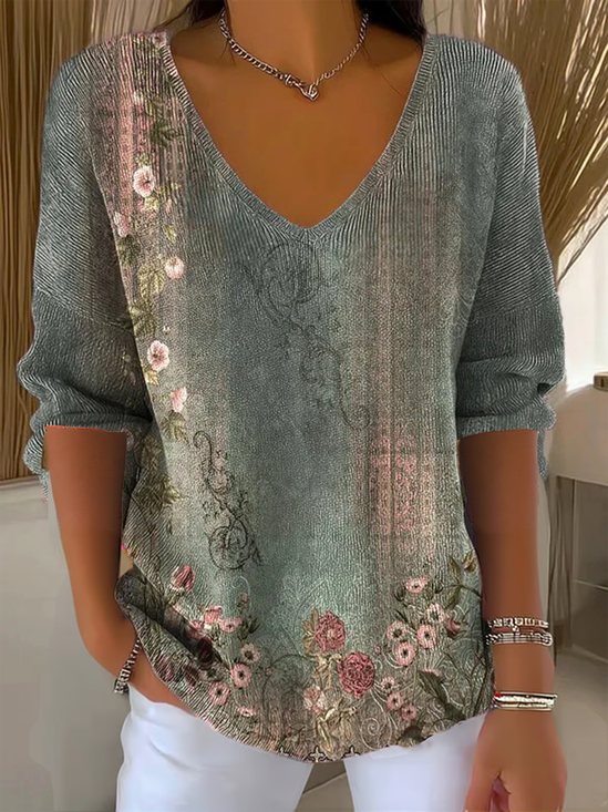 Vintage Geometric V Neck Three Quarter Sleeve T-shirt