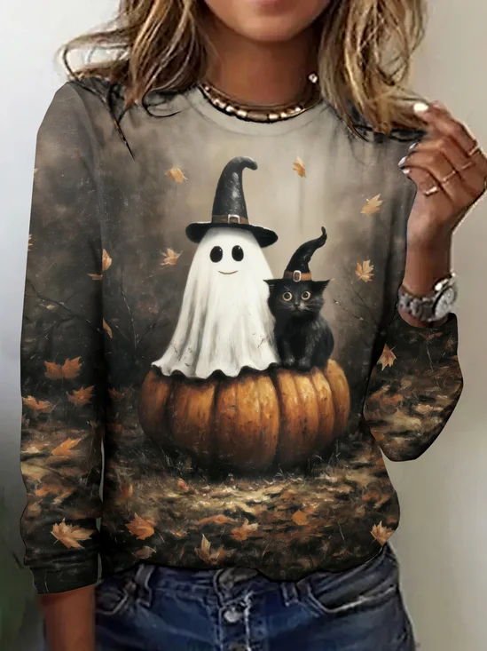 Halloween Vintage Cute Ghost Print Crew Neck Long Sleeve T-shirt