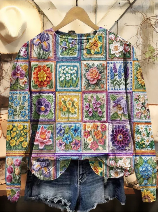 Vintage Floral Art Print Crew Neck Comfy Sweatshirt