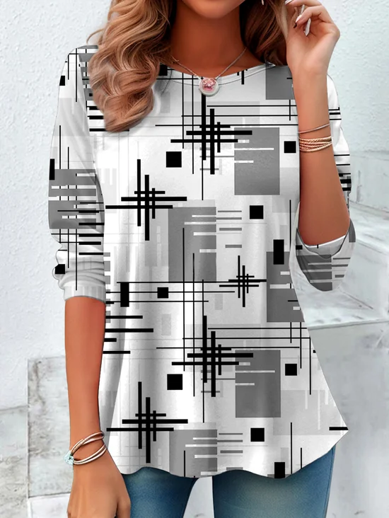 Vintage Geometric Crew Neck Long Sleeve T-shirt