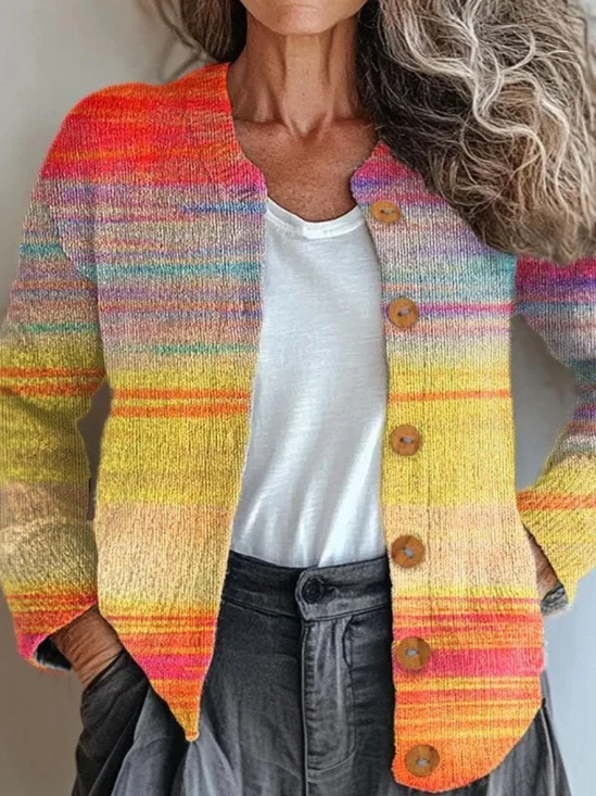 Women Knitted Ombre Long Sleeve Comfy Vintage Cardigan