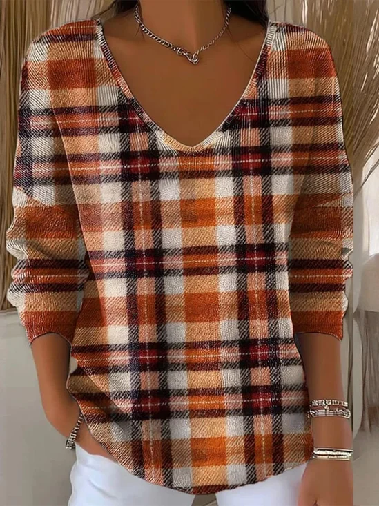 Women Cotton Plaid Long Sleeve Comfy Casual Sweater