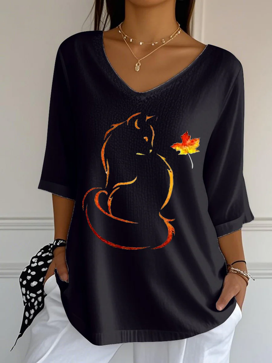 Vintage Cat Crew Neck Three Quarter Sleeve T-shirt