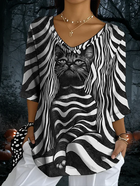 Vintage Cat Crew Neck Three Quarter Sleeve T-shirt