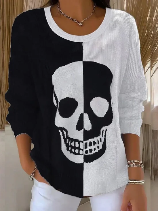 Women Cotton Skull Long Sleeve Comfy Vintage Sweater