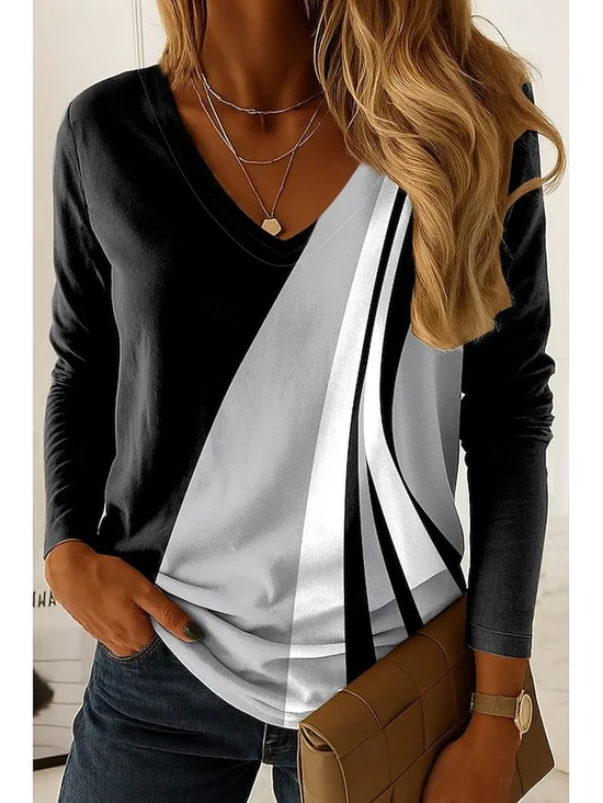 Casual Color Block V Neck Long Sleeve T-shirt