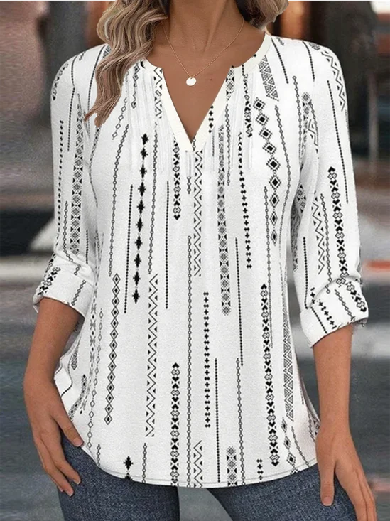 V Neck Long Sleeve Striped Regular Loose Blouse For Women