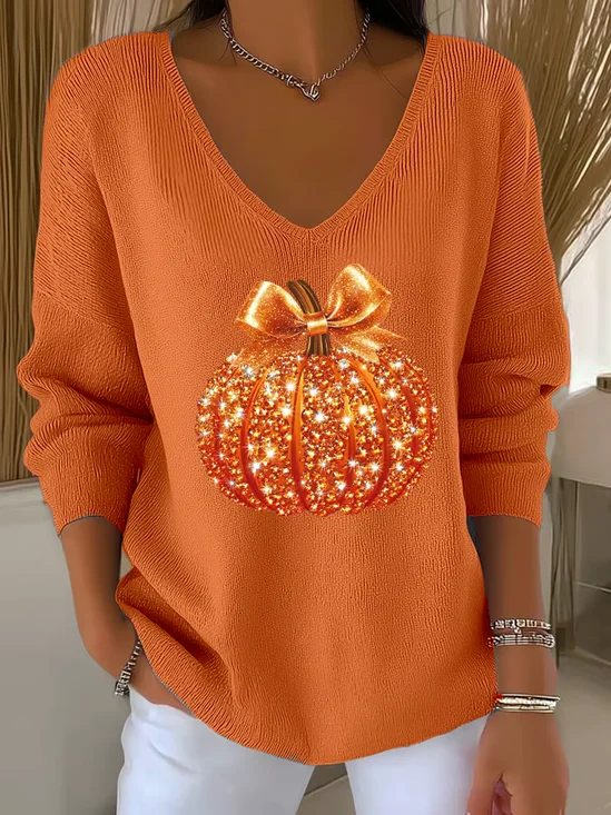 Casual Halloween Sequin Pumpkin Print V Neck Long Sleeve T-shirt