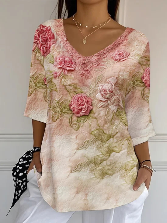 Casual Floral V Neck Three Quarter Sleeve T-shirt