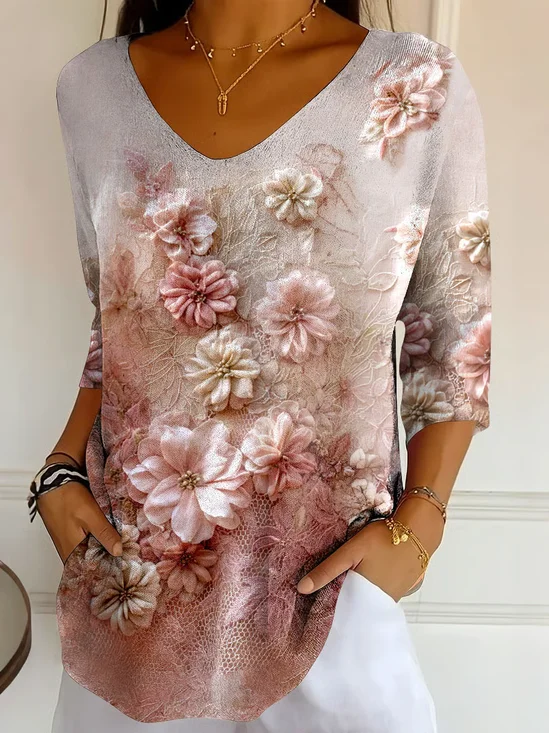 Casual Floral V Neck Three Quarter Sleeve T-shirt