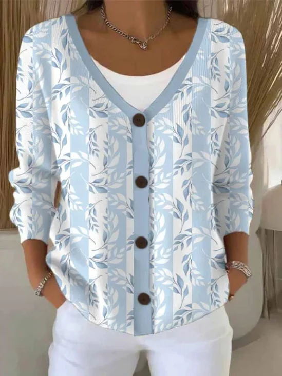 Women Cotton Plants Long Sleeve Comfy Casual Cardigan
