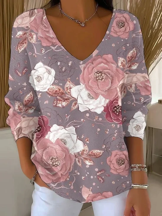 Casual Floral V Neck Long Sleeve T-shirt