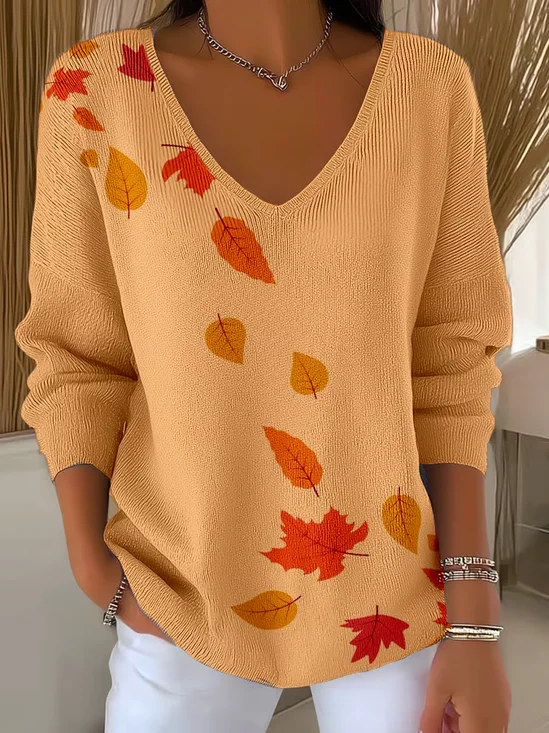 Casual Maple Leaf V Neck Long Sleeve T-shirt