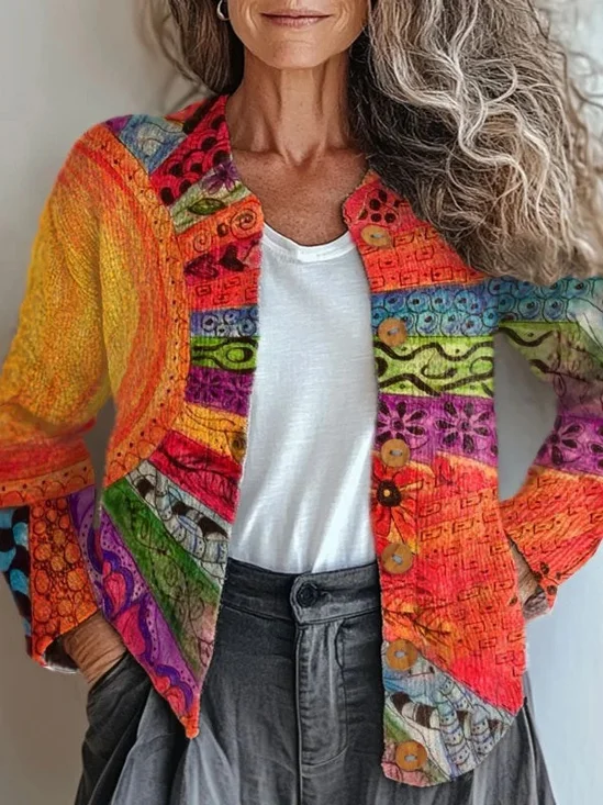 Women Knitted Geometric Long Sleeve Comfy Vintage Cardigan
